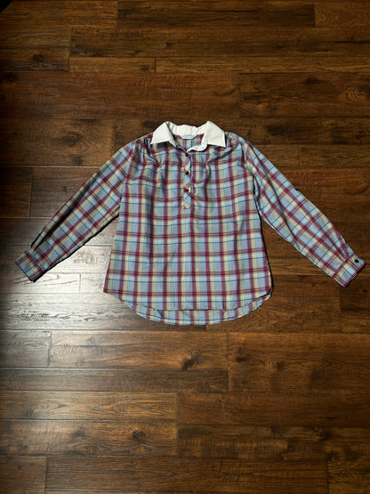 Vintage Miss Fashionability Plaid Blouse – Contrast White Collar Preppy Style – Medium