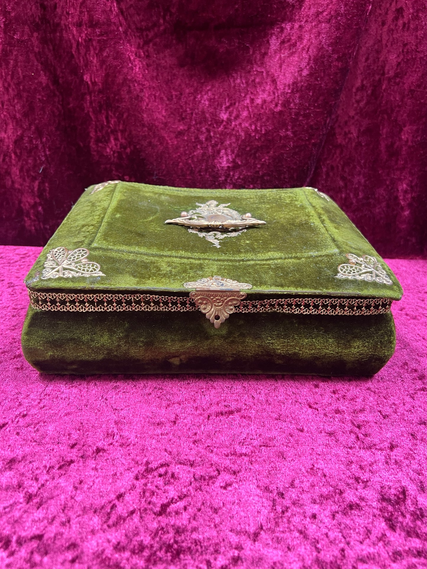 Antique Vanity Decor - French Musical Perfume Box - Green Velvet - Gold Metal Trim
