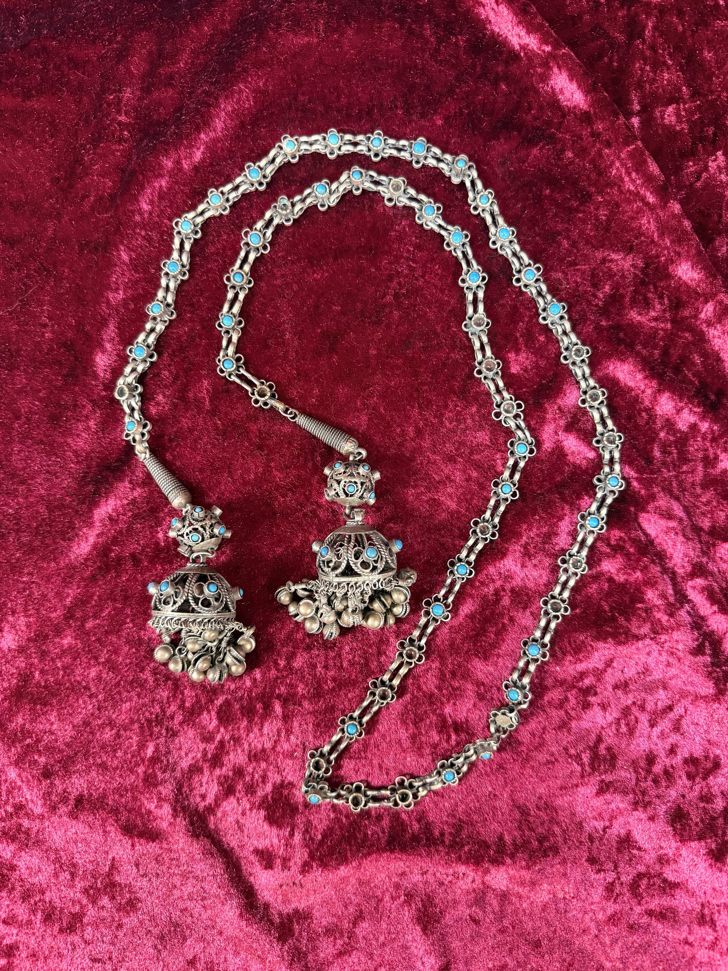 Vintage Tribal Statement Necklace – Turquoise Accent Jhumka Tassel Adornment