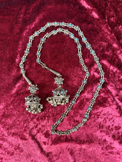 Vintage Tribal Statement Necklace – Turquoise Accent Jhumka Tassel Adornment