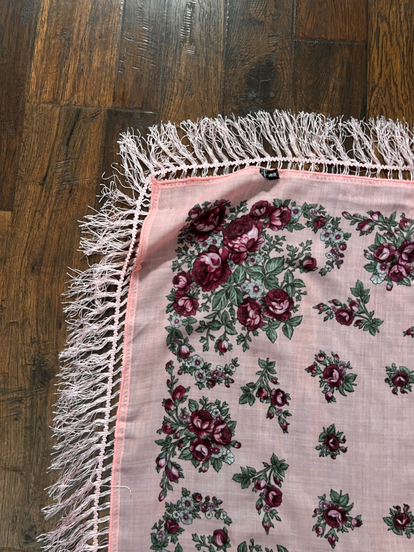 Vintage Kashmir Woole Floral Fringe Scarf - Pink Rose Square Wrap Bohemian Style
