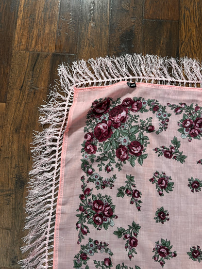 Vintage Kashmir Woole Floral Fringe Scarf - Pink Rose Square Wrap Bohemian Style