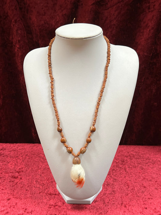 Vintage Jewelry - Necklace - Beaded Seeds - Feather Pendant - 14.5”