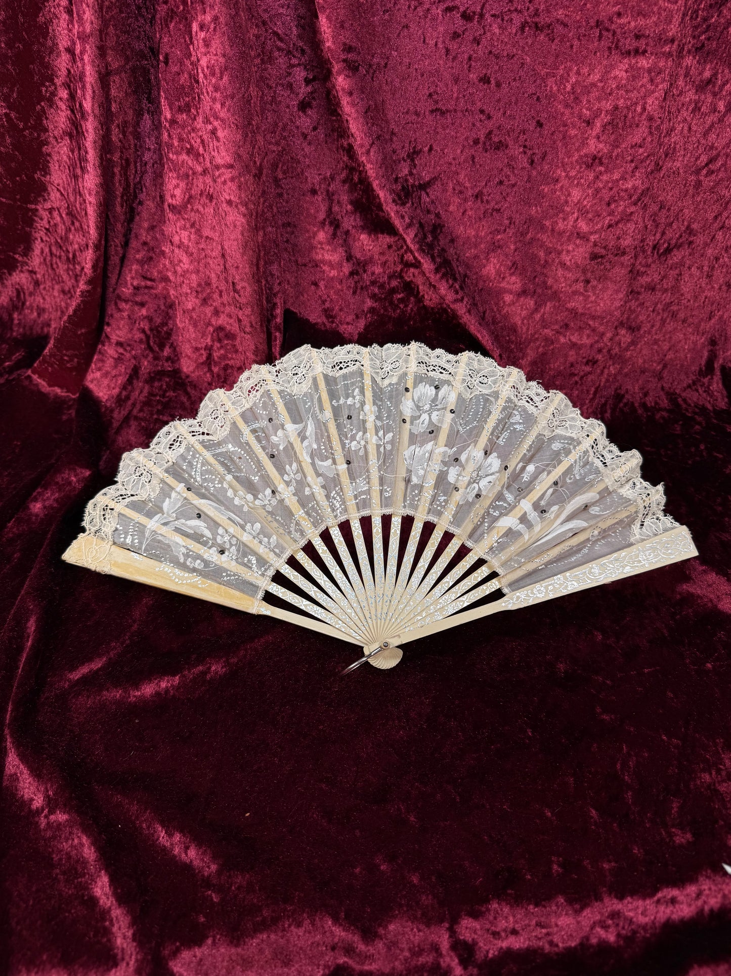 Antique Art Nouveau Handheld Fan with Lace Trim – Hand Painted Floral Design with Sequin Detail
