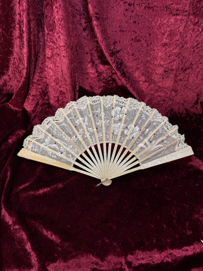 Antique Art Nouveau Handheld Fan with Lace Trim – Hand Painted Floral Design with Sequin Detail