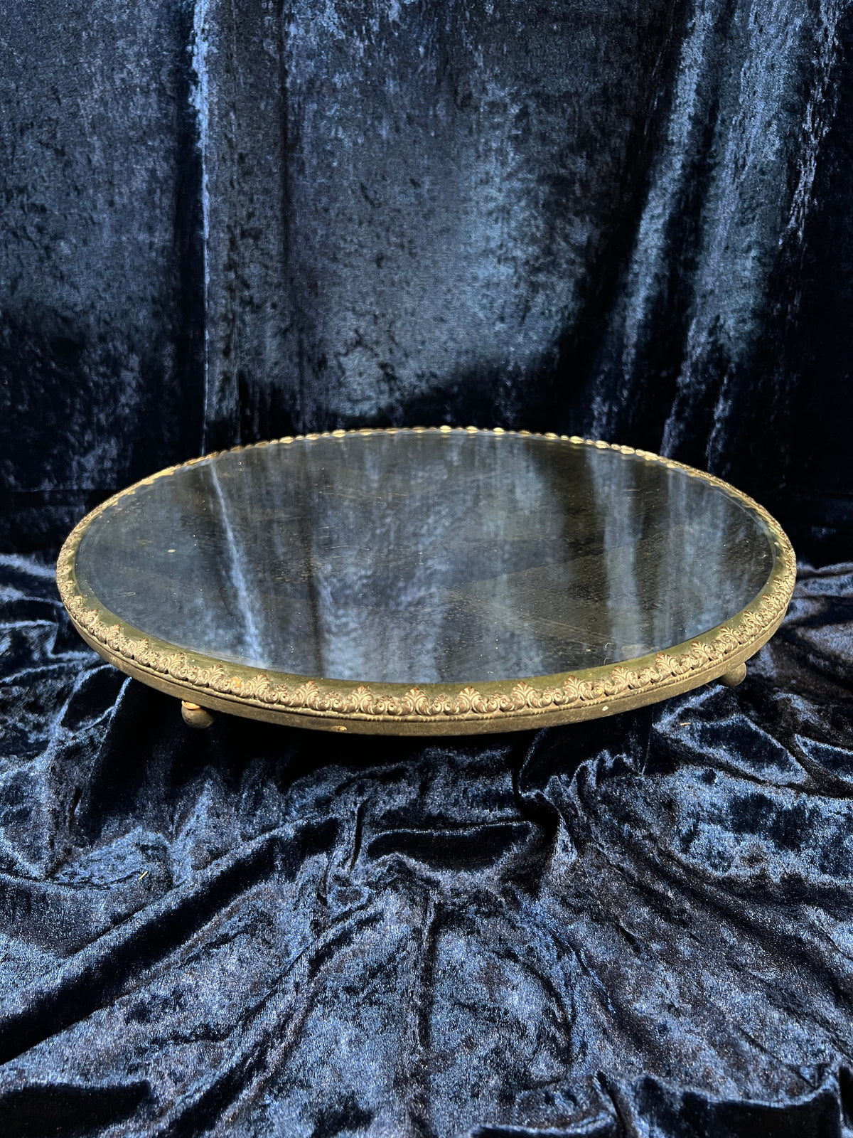 Antique Silver Plate Plateau Mirror - Ornate Beveled Glass Footed Vanity Tray