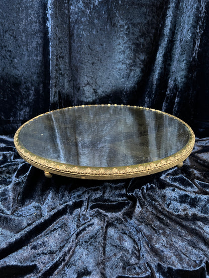 Antique Silver Plate Plateau Mirror - Ornate Beveled Glass Footed Vanity Tray