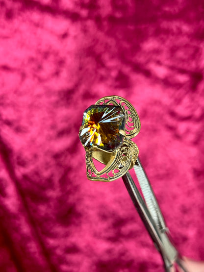 Vintage Jewelry - Adjustable Cocktail Ring - Brass - Aurora Borealis Crystal - West Germany