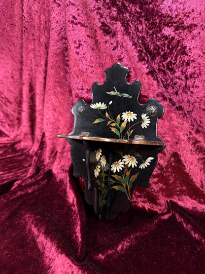 Antique Victorian Papier-Mache Collapsible Wall Shelf – Hand Painted Daisies and Dragonfly on Black Lacquer