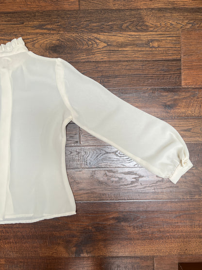 Vintage Clothing - Semi-Sheer Button Front Blouse - Frilly Collar - Cream - Small