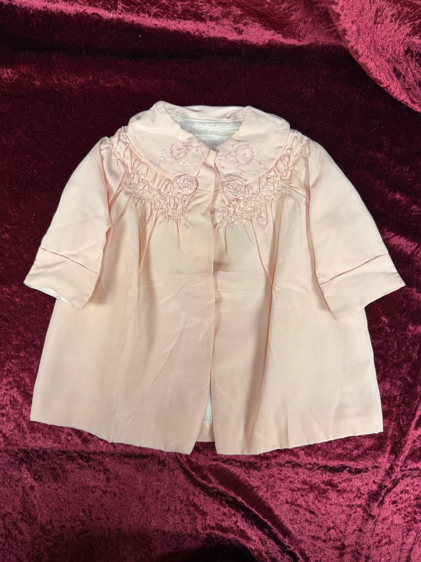 Vintage Silk Baby Capelet – Blush Pink Embroidered Lined Infant Coat