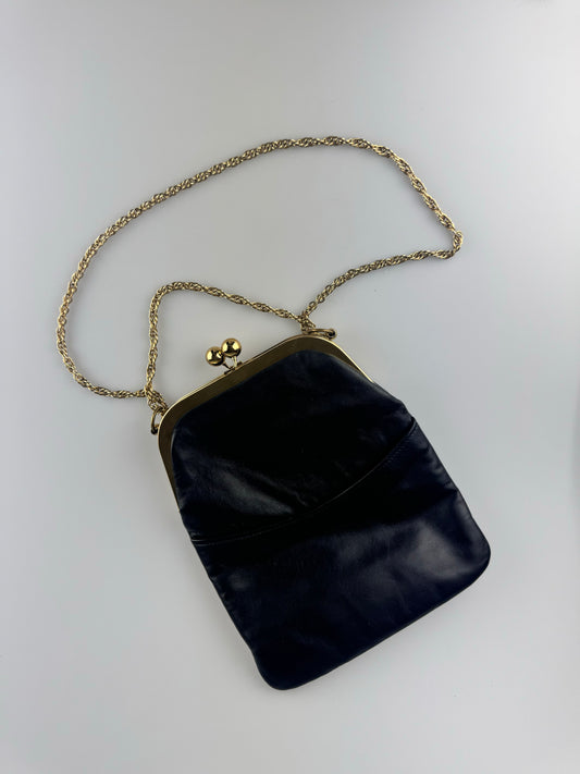 Vintage Purse - Triangle New York Black Leather Bag - Snap Closure Chain Strap