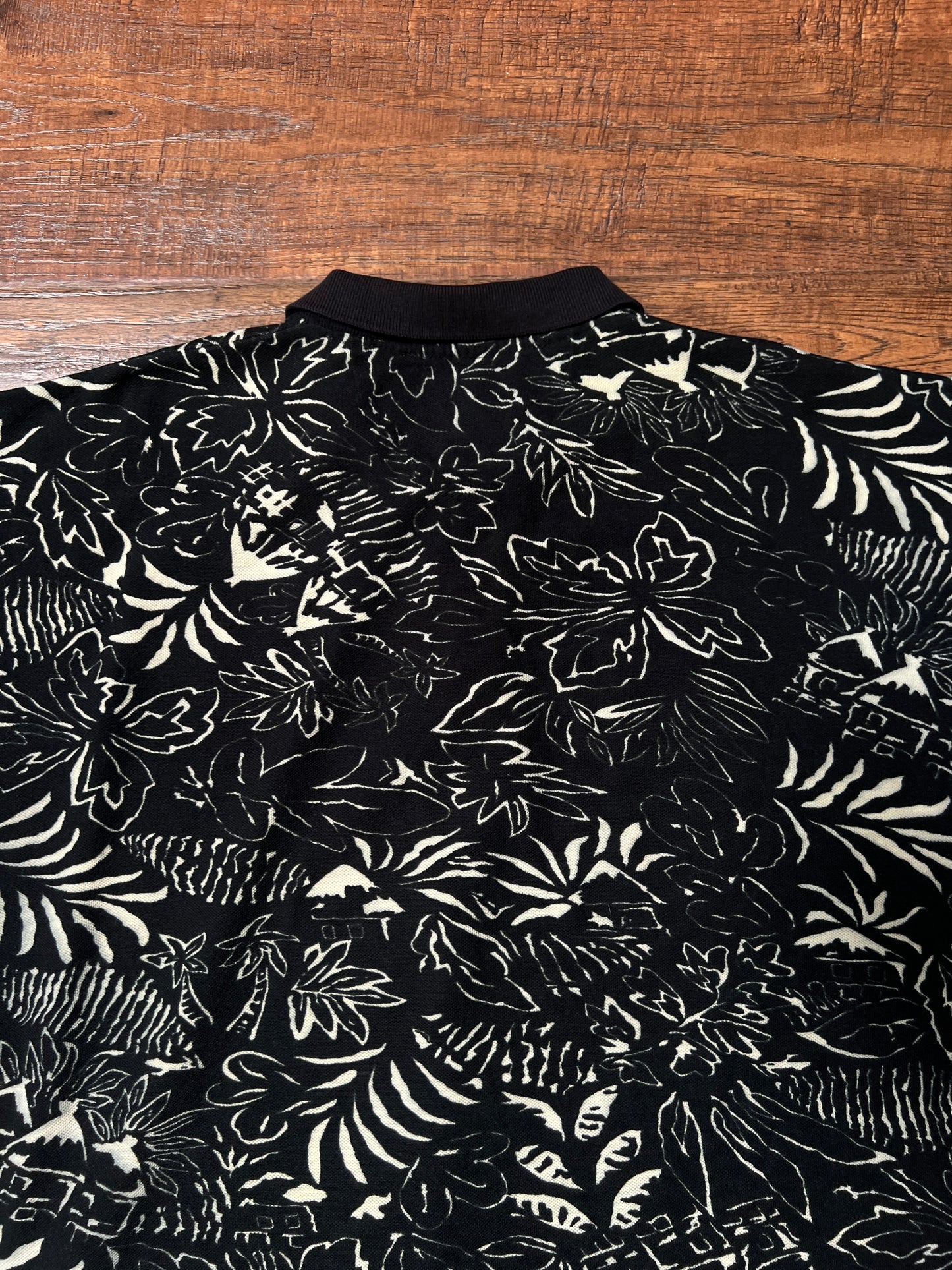 Vintage 1990s Chaps Ralph Lauren Cotton Polo Shirt – Black Tropical Print – X-Large