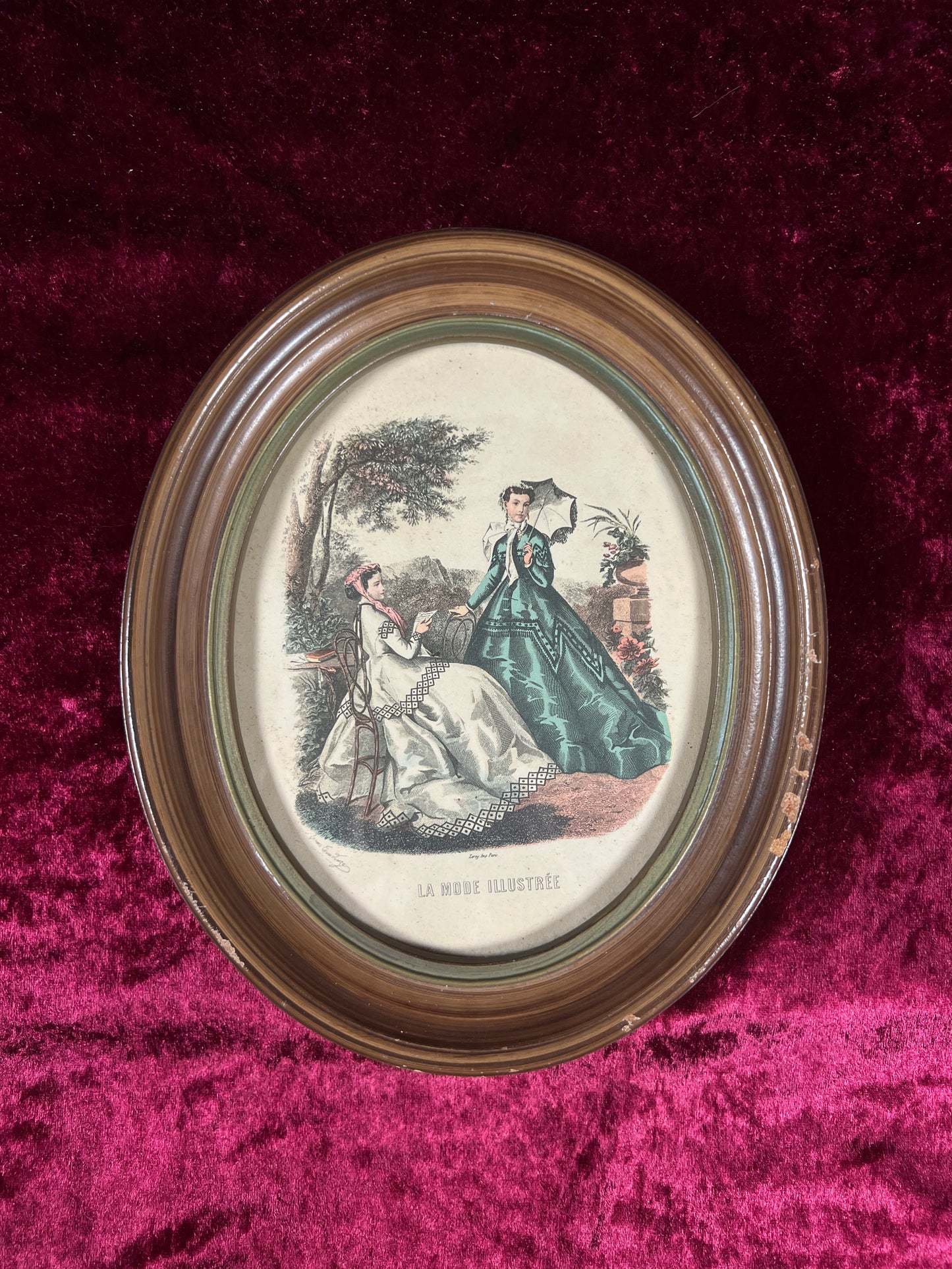 Vintage Oval Wood Framed Print - La Mode Illustrée Victorian Fashion Portrait