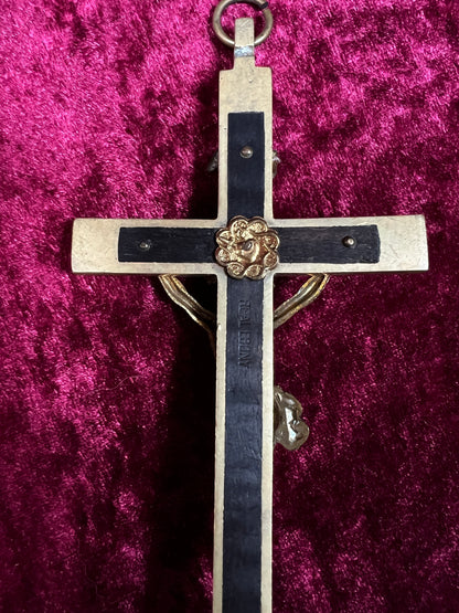 Vintage Brass Crucifix Cross - Ebony Inlay Skull and Crossbones Wall Hanging