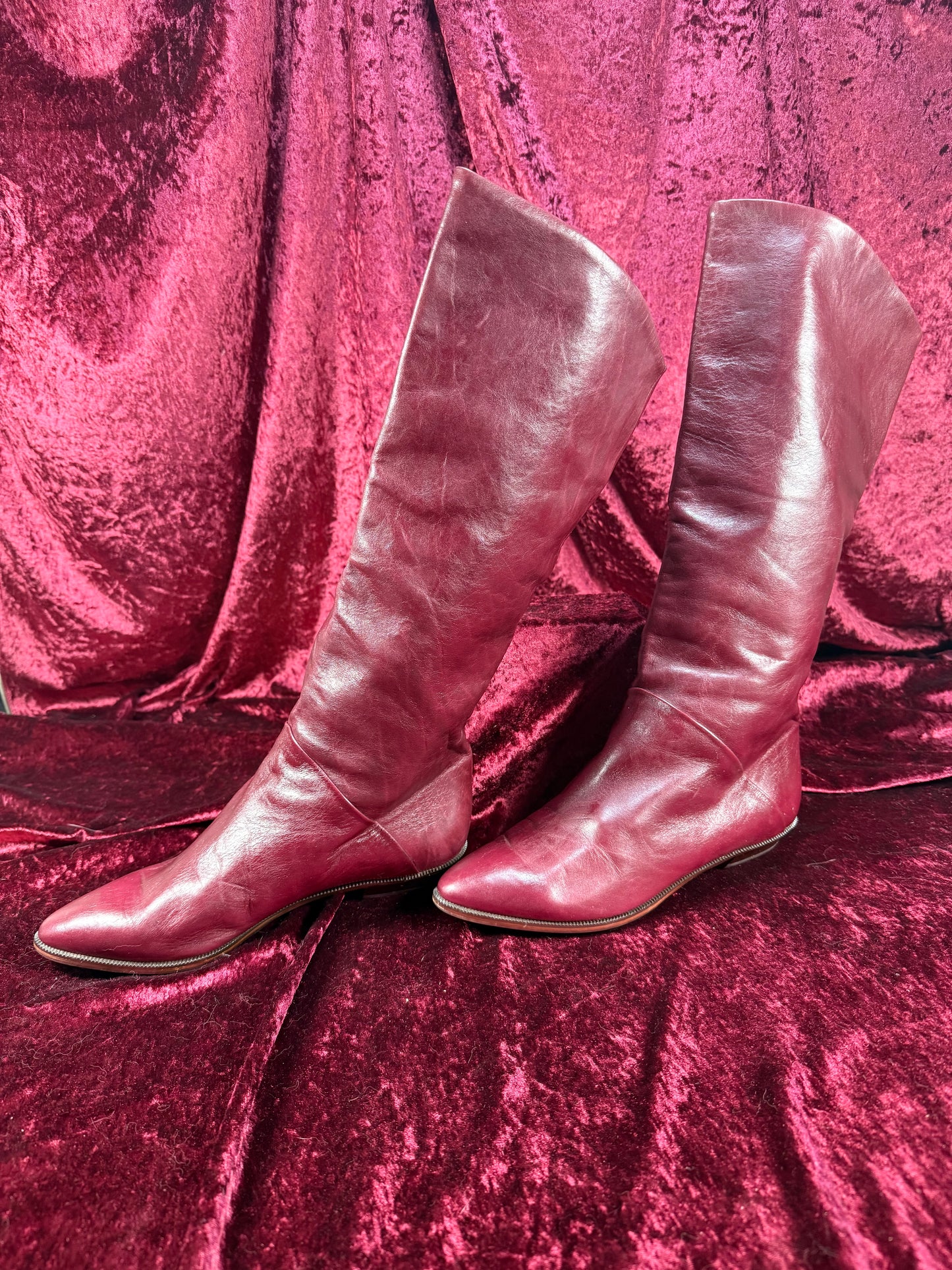 Vintage Shoes - Burgundy Italian Knee High Leather Boots - Made in Italy - Size 7.5