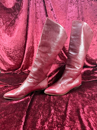 Vintage Shoes - Burgundy Italian Knee High Leather Boots - Made in Italy - Size 7.5
