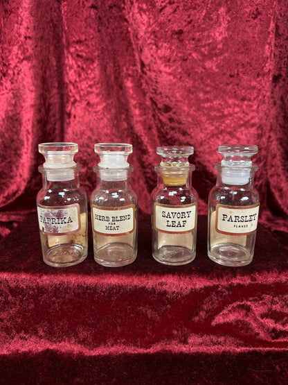 Vintage Glass Apothecary Style Spice Jar Set with Original Labels - Kitchen Collection Set