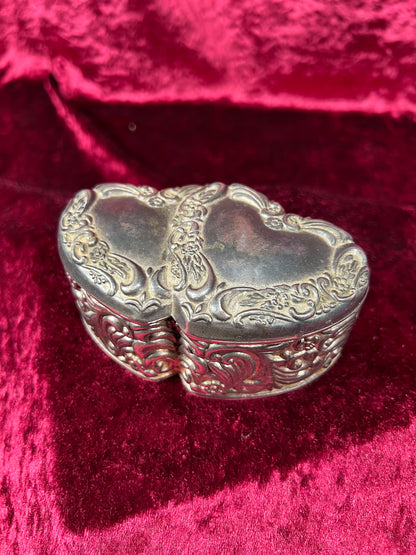 Vintage Jewelry Box - Antique Silver Patina - Double Hearts with Floral Filigree - Red Velvet Lining