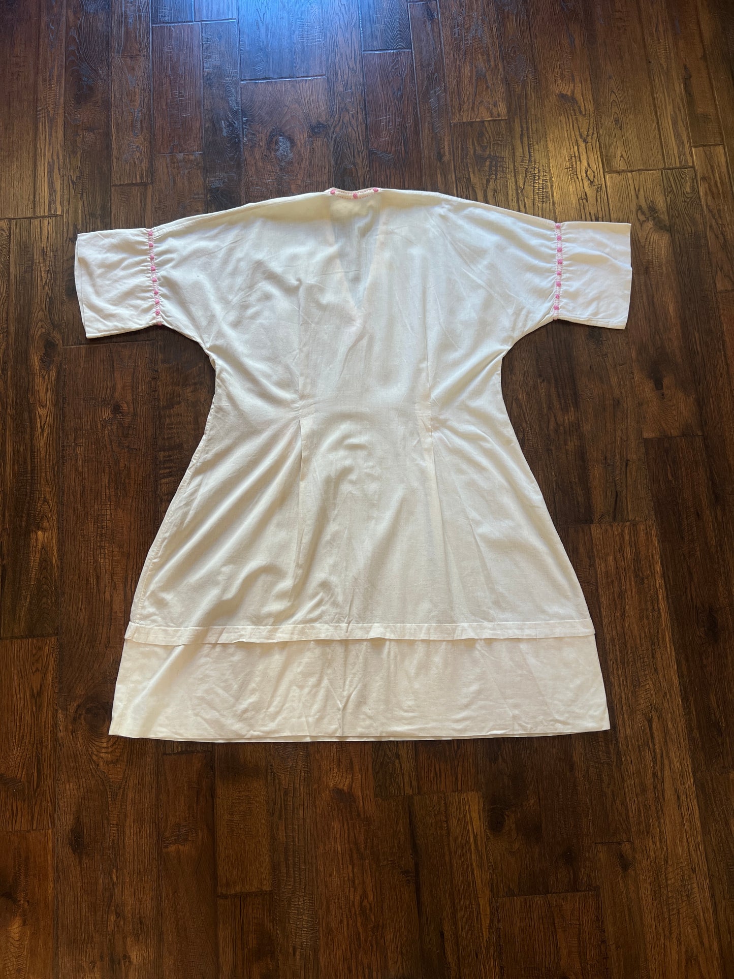 Vintage Handmade Cotton Linen Caftan - Pink Embroidered Boho Tunic Dress - Medium