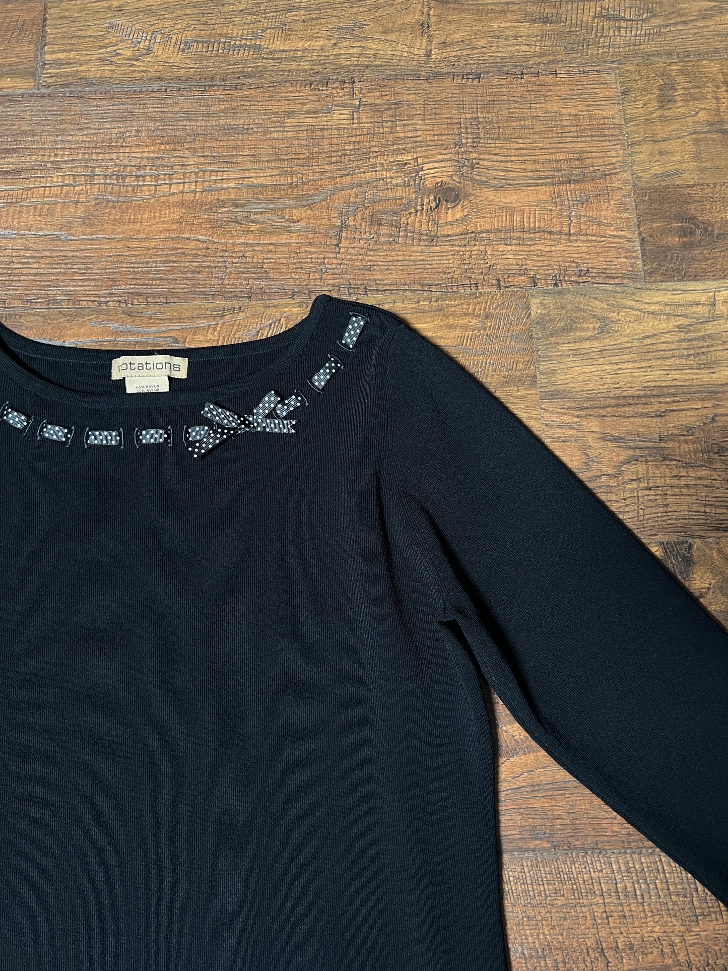 Vintage Notations Rayon Blend Black Top — Polka Dot Bow Trim - Size Large