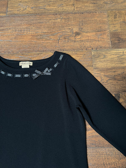 Vintage Notations Rayon Blend Black Top — Polka Dot Bow Trim - Size Large