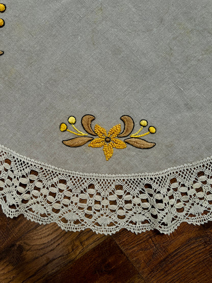 Vintage Circular Linen Table Cover - Harvest Yellow Embroidered Florals Crochet Lace Trim
