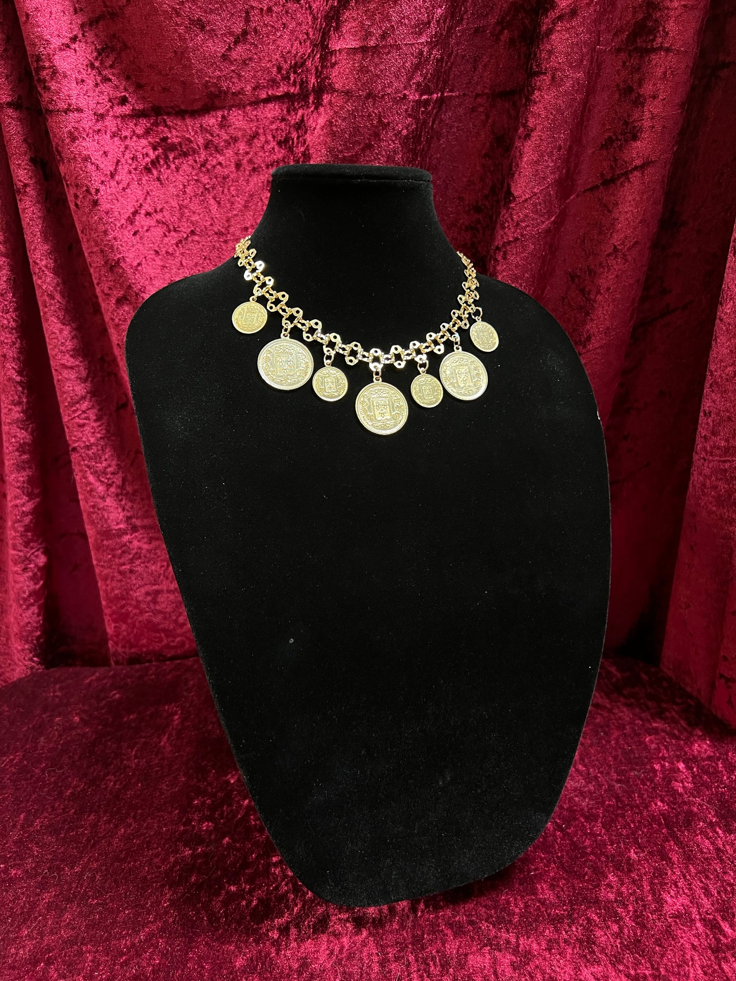 Vintage Jewelry - Reversible Necklace - Gold Tone Republique Francaise Coins - 17.5"