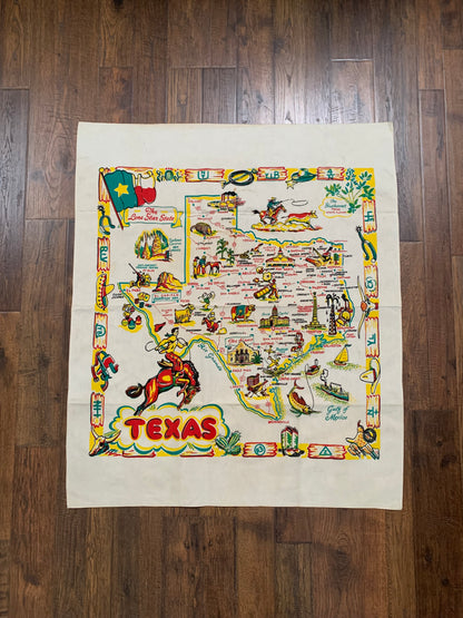 Vintage Souvenir - Wall Hanging Linen Tablecloth - Texas State Map - 1950s