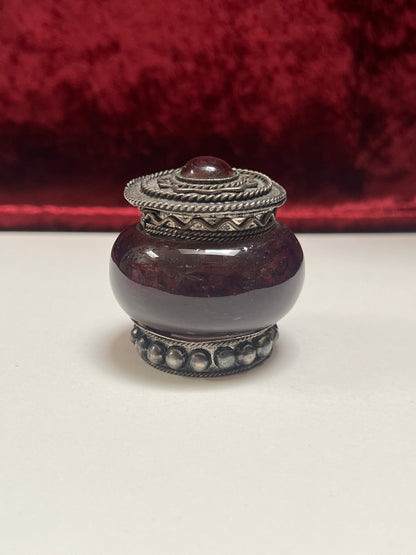 Vintage Trinket Box - Pill / Snuff Jar - Amethyst Purple Glass - Ornate Silver Tone Design
