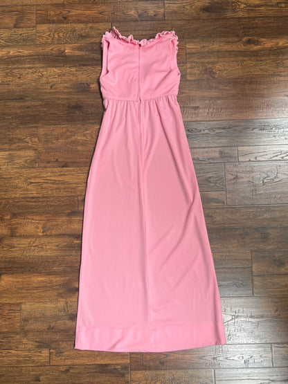 Vintage Clothing - Long V-Neck Empire Waist Dress - Ruffled Collar - Candy Pink - Editions - Small