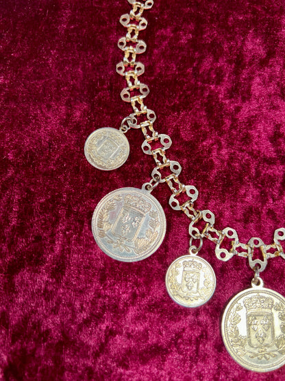 Vintage Jewelry - Reversible Necklace - Gold Tone Republique Francaise Coins - 17.5"
