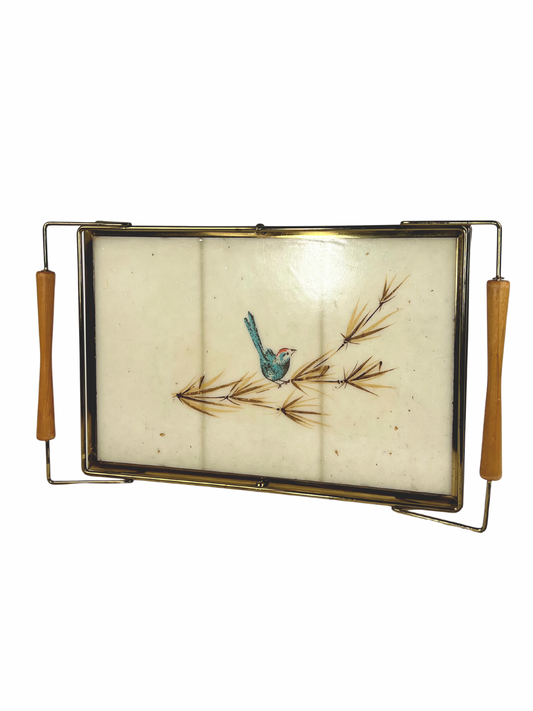 Mid Century Brass & Wood Bluebird Acrylic Serving Tray