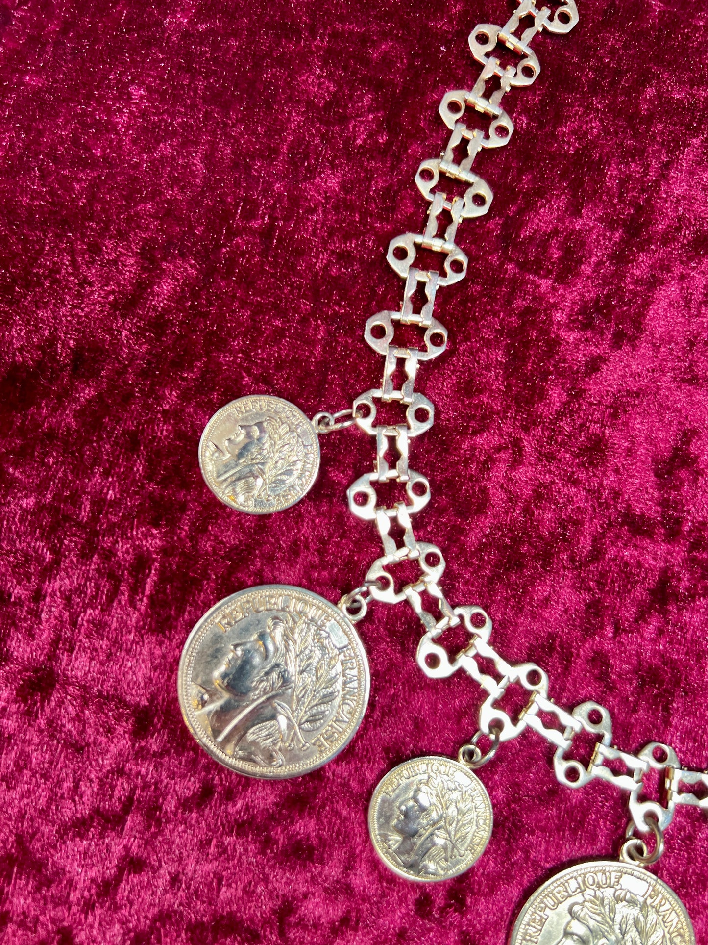 Vintage Jewelry - Reversible Necklace - Gold Tone Republique Francaise Coins - 17.5"