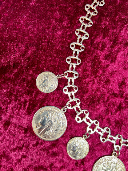 Vintage Jewelry - Reversible Necklace - Gold Tone Republique Francaise Coins - 17.5"