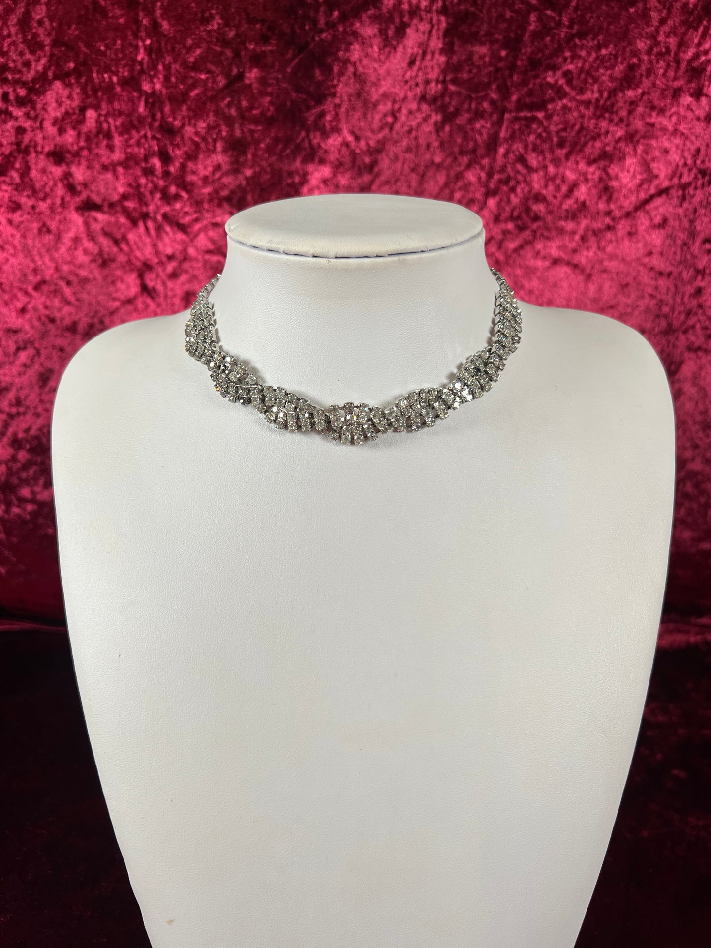 Vintage Jewelry - Collar / Choker Necklace - Silver Tone Metal - Braided Clear Rhinestones - 17.5”