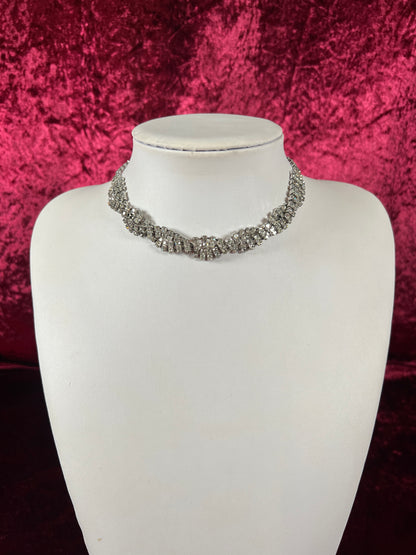 Vintage Jewelry - Collar / Choker Necklace - Silver Tone Metal - Braided Clear Rhinestones - 17.5”