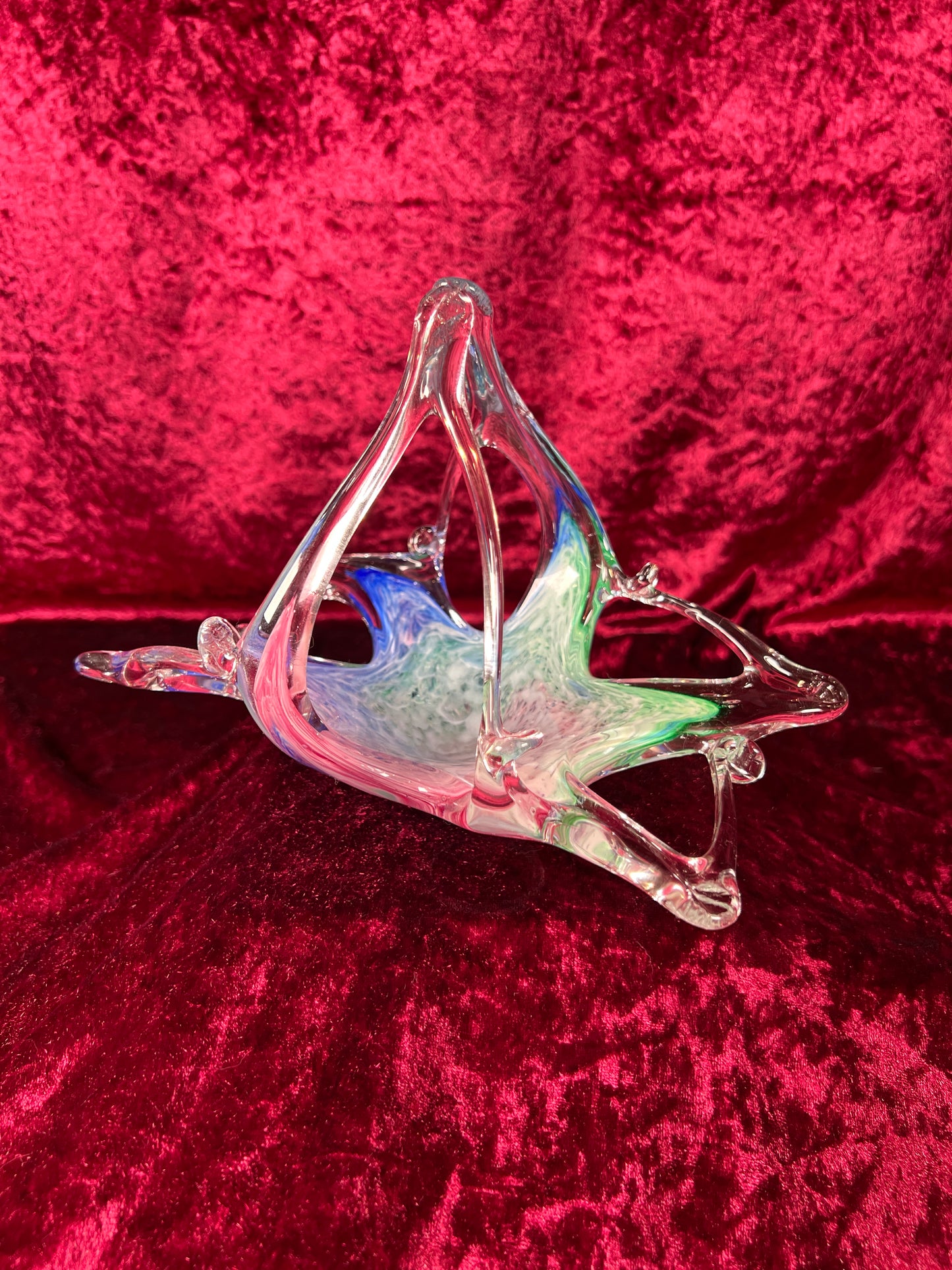 Vintage Art Glass - Glass Basket Candy Bowl - Blue, Green, and Pink - Murano