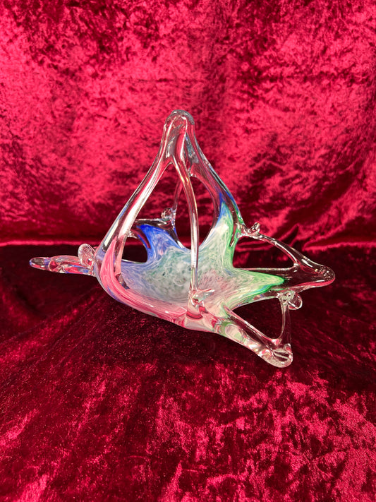 Vintage Art Glass - Glass Basket Candy Bowl - Blue, Green, and Pink - Murano
