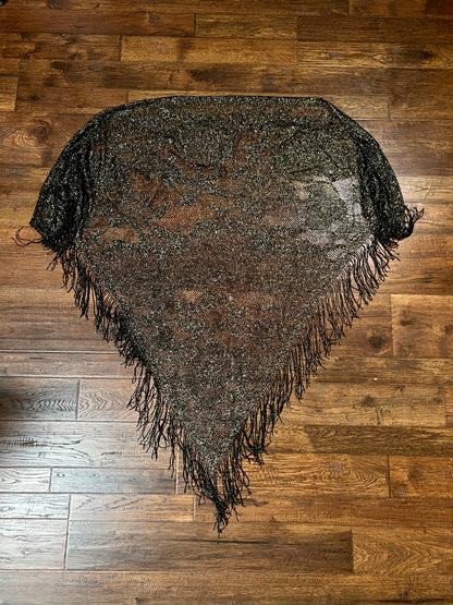 Vintage Metallic Net Shawl - Black Gold Floral Lace Fringe Triangle Wrap