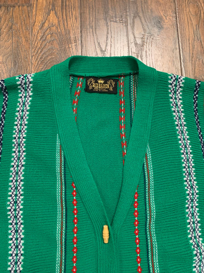 Vintage Clothing - Button Front Knit Cardigan - Holiday Stripes - Green - Red Baron - Medium