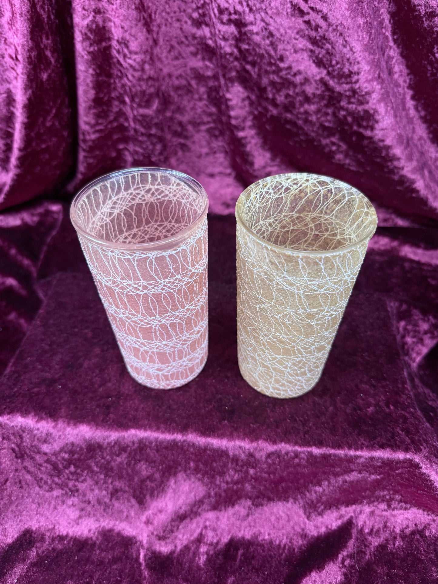 Vintage Frosted Glass Tumbler Set – White Spaghetti Overlay Pink & Yellow Pair