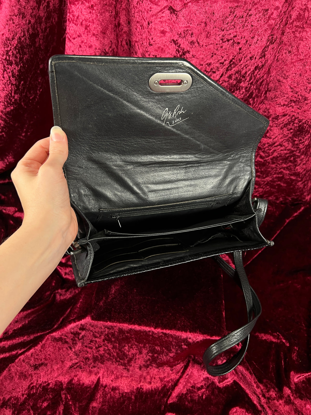 Vintage Y2K Black Leather Shoulder Bag - Reptile Embossed Patchwork Purse