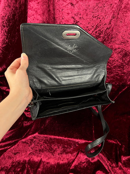 Vintage Y2K Black Leather Shoulder Bag - Reptile Embossed Patchwork Purse