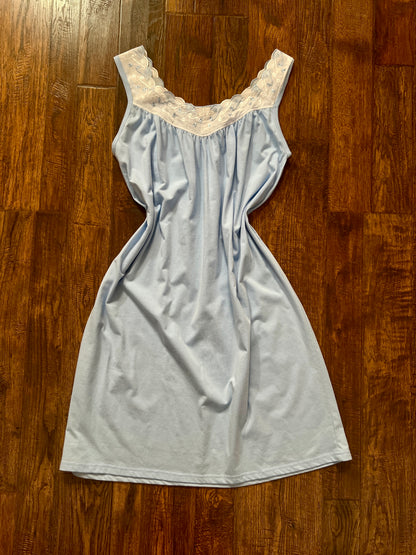 Vintage Blue Cotton Blend Nightgown - Embroidered Lace Yoke - Anthony Richards