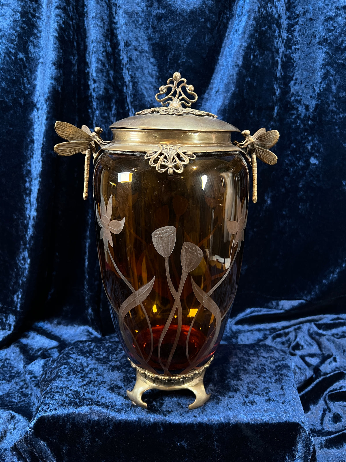 Vintage Art Nouveau Revival Opium Jar - Etched Poppies on Amber Glass - Castilian Poland