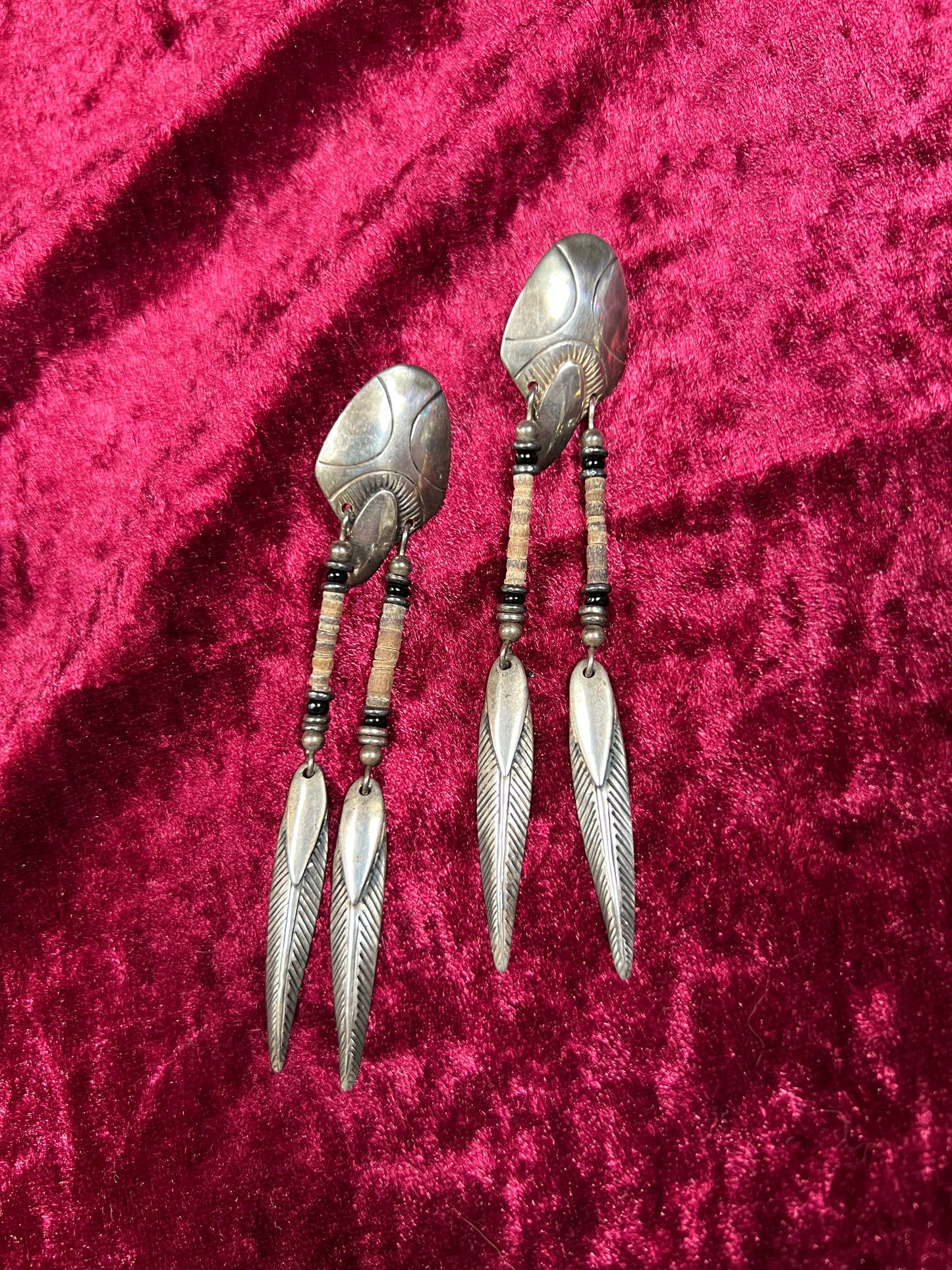 Vintage Jewelry - Sterling Silver Earrings - Dangling Feathers - Navajo