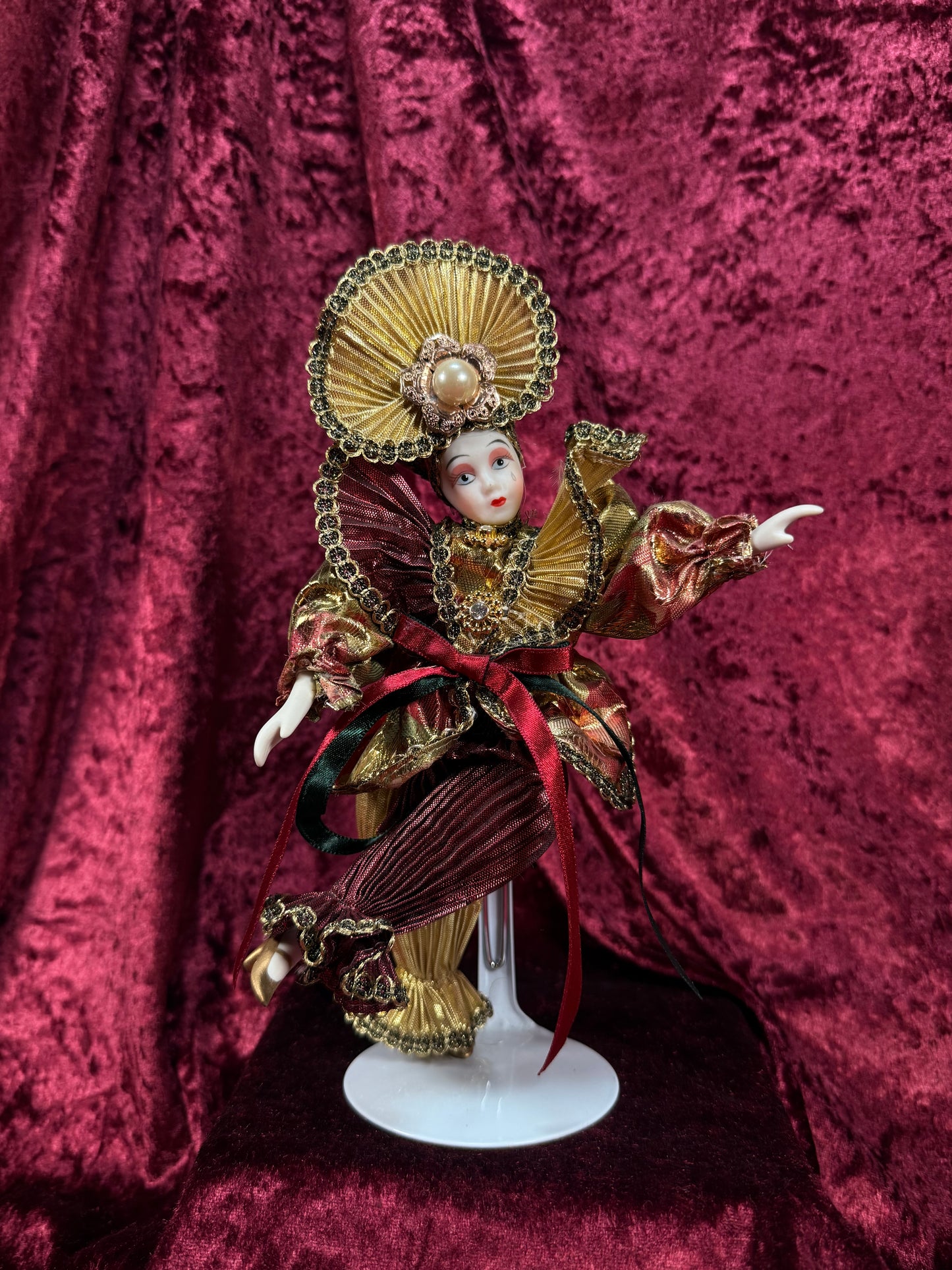 Vintage Porcelain Jester Doll – Metallic Pleated Costume Renaissance Figure - Red and Gold