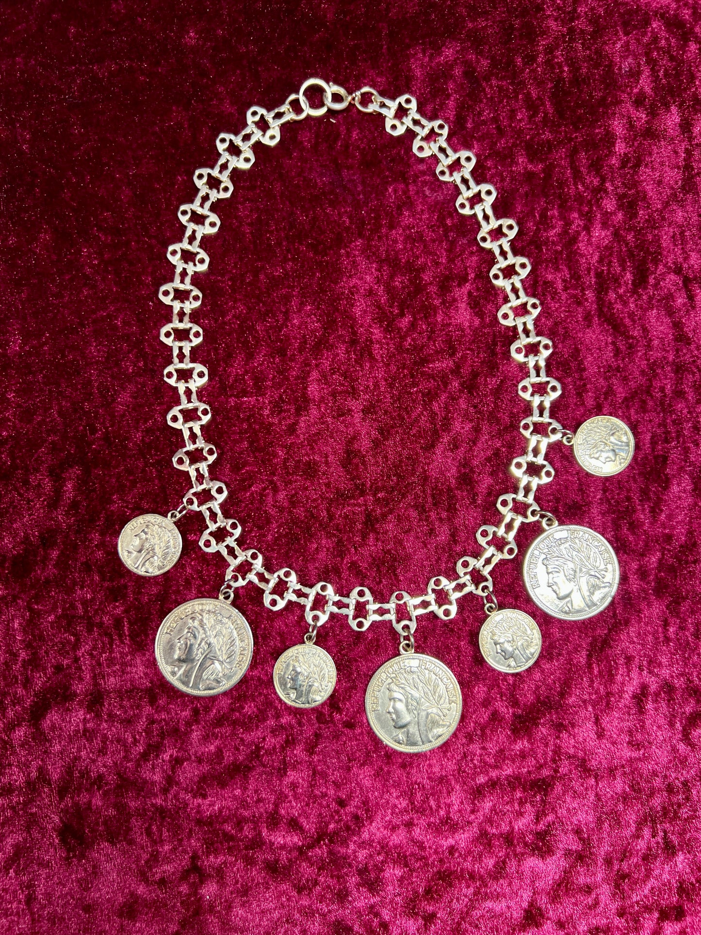 Vintage Jewelry - Reversible Necklace - Gold Tone Republique Francaise Coins - 17.5"