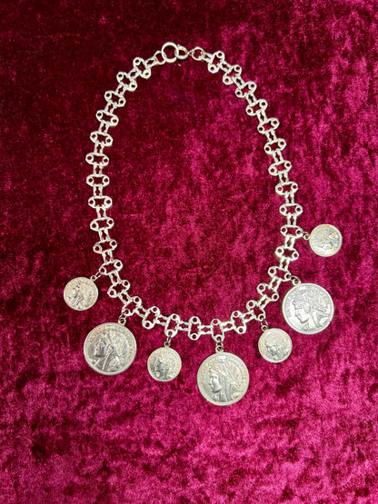 Vintage Jewelry - Reversible Necklace - Gold Tone Republique Francaise Coins - 17.5"